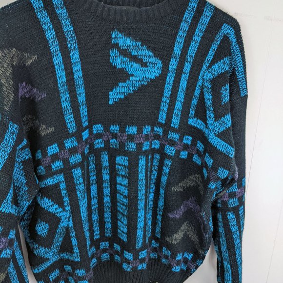 Vintage Black and Blue Patterned Acrylic Sweater - Picture 2 of 4